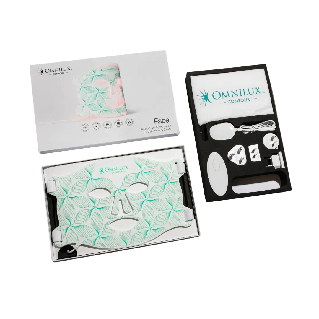 DTC LED face mask product kit with branded packaging and accessories for a beauty device launch